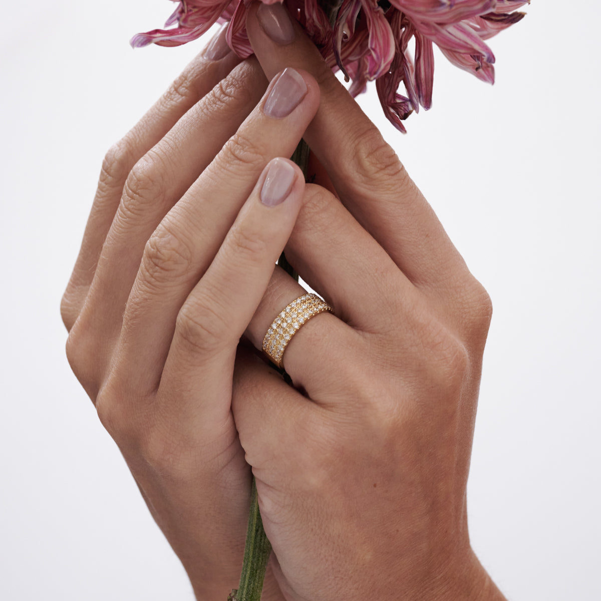 Hands holding pink flowers, adorned with a luxurious diamond-studded gold ring. Elegant jewellery showcasing high-end style.