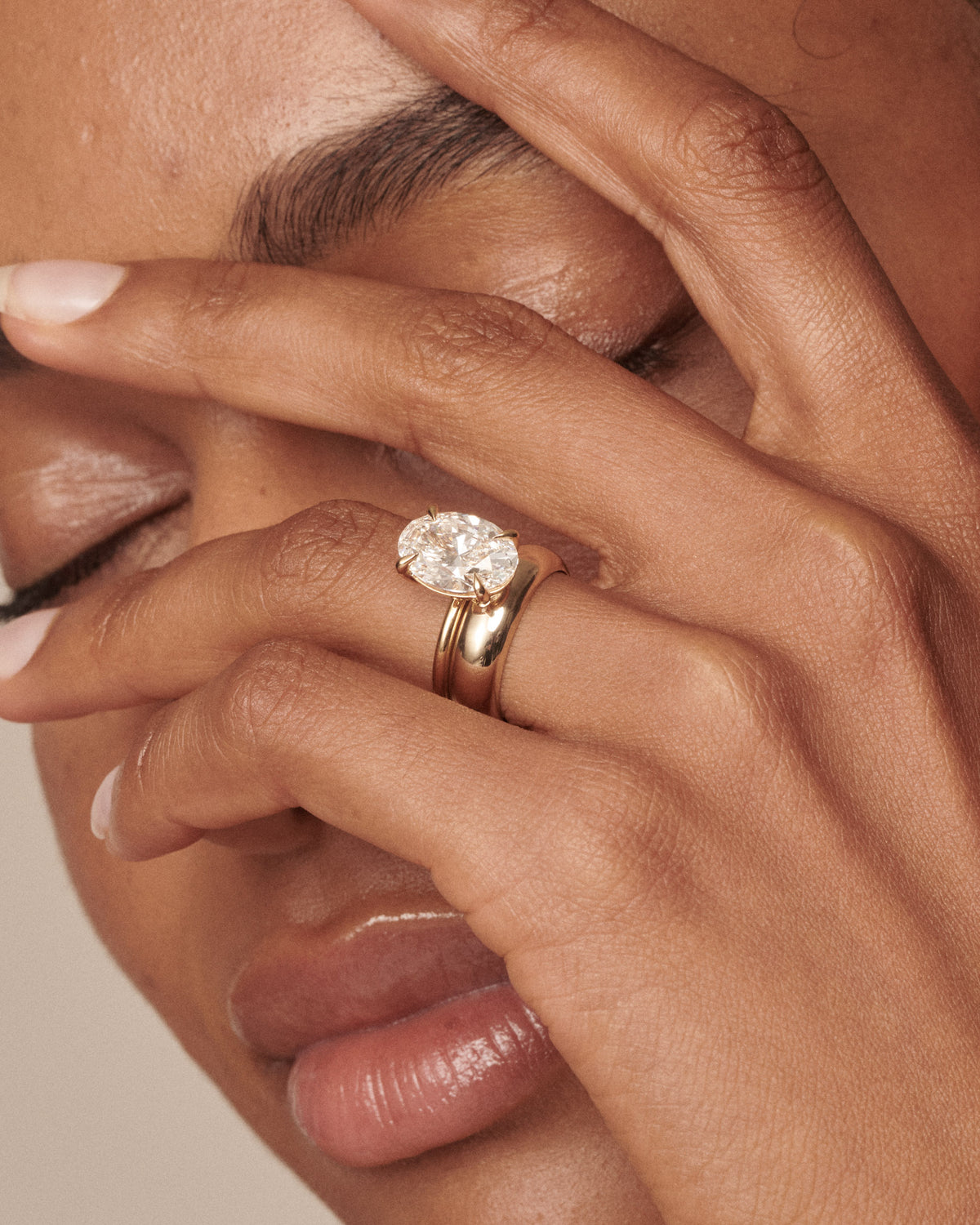 [text overlay: 3ct Clara paired with the Dome Band]