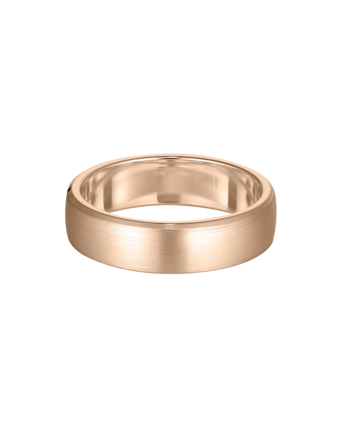 Elegant rose gold wedding band with a matte finish and polished interior. Perfect for luxury jewellery lovers seeking timeless sophistication.