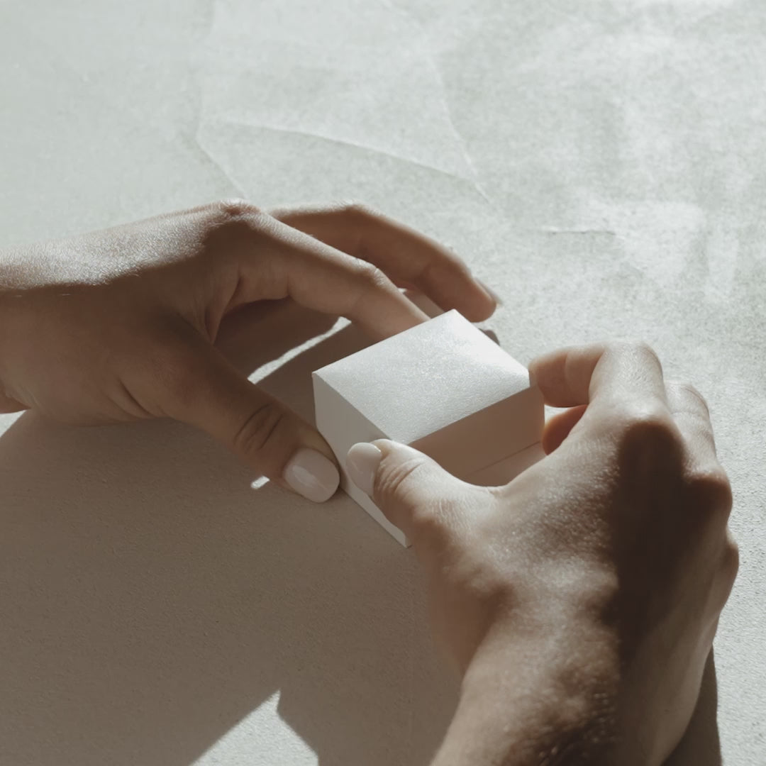 Video of model opening a jewellery box and revealing our beautiful Small Baroque Pearl Studs in 9ct yellow gold